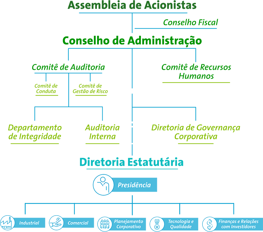 Diagrama organizacional detalhado, mostrando a estrutura hierárquica da governança da Usiminas, incluindo Assembleia de Acionistas, Conselho de Administração, Diretoria Estatutária e diversos comitês.