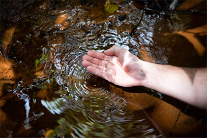 Mão aberta sobre um fluxo de água claro em um ambiente natural, capturando a água de uma nascente.